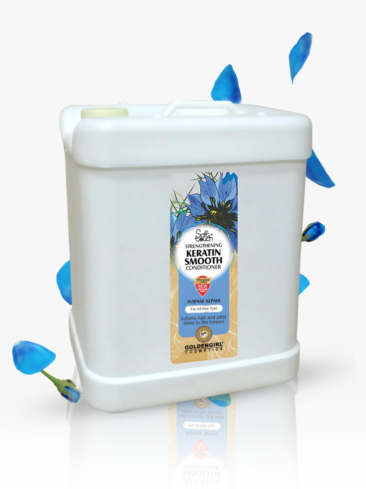 White container of Keratin Smooth conditioner with blue flowers on a white background