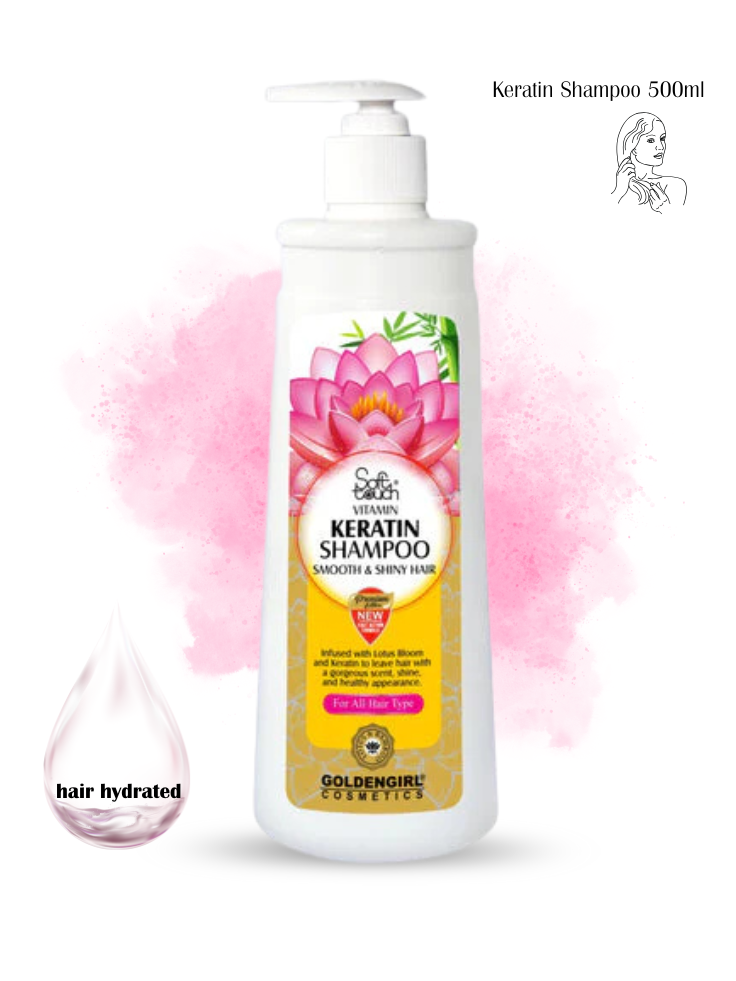 Keratin shampoo bottle with pink flower design on a white background