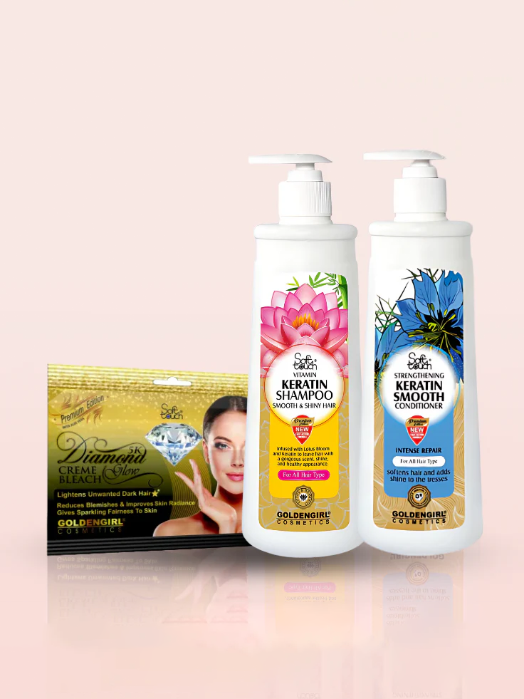 Two bottles of Golden Rose Keratin Smooth shampoo and a box of Diamond Creme on a pink background