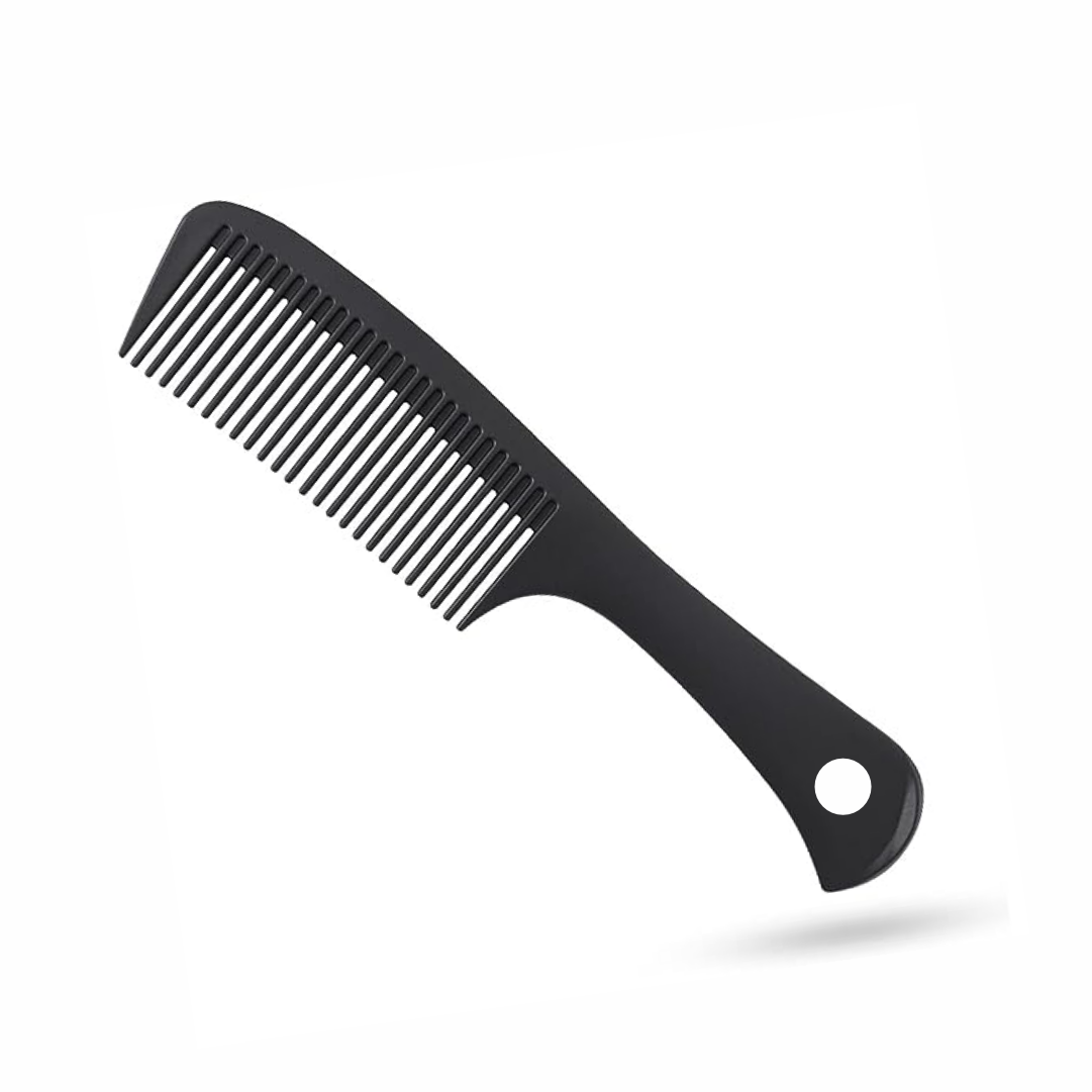 A black, large tooth detangling comb with a sleek design and ergonomic grip.