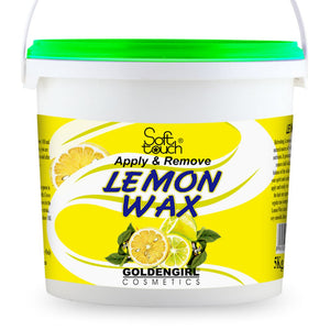 Container of Lemon Wax with a yellow label and green lid, featuring Soft Touch and GoldenGirl Cosmetics branding.
