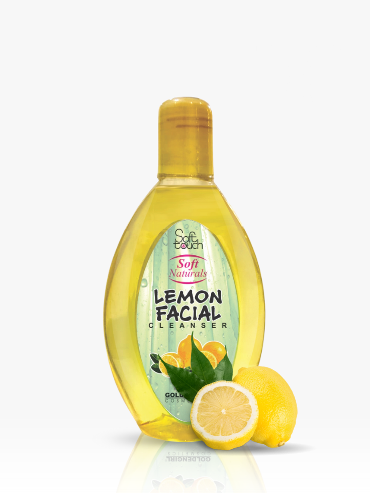 Bottle of Soft Naturals Lemon Facial Cleanser with lemons on a white background