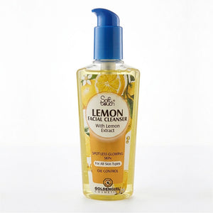 A bottle of Goldencare Soft Groom Lemon Facial Cleanser with lemon extract, featuring a blue pump dispenser and a yellow liquid inside, set against a plain white background.