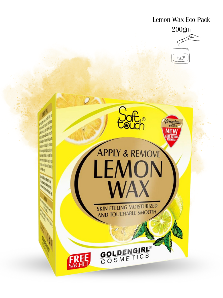 Box of Lemon Wax Eco Pack by Soft Touch with lemon graphics on a white background