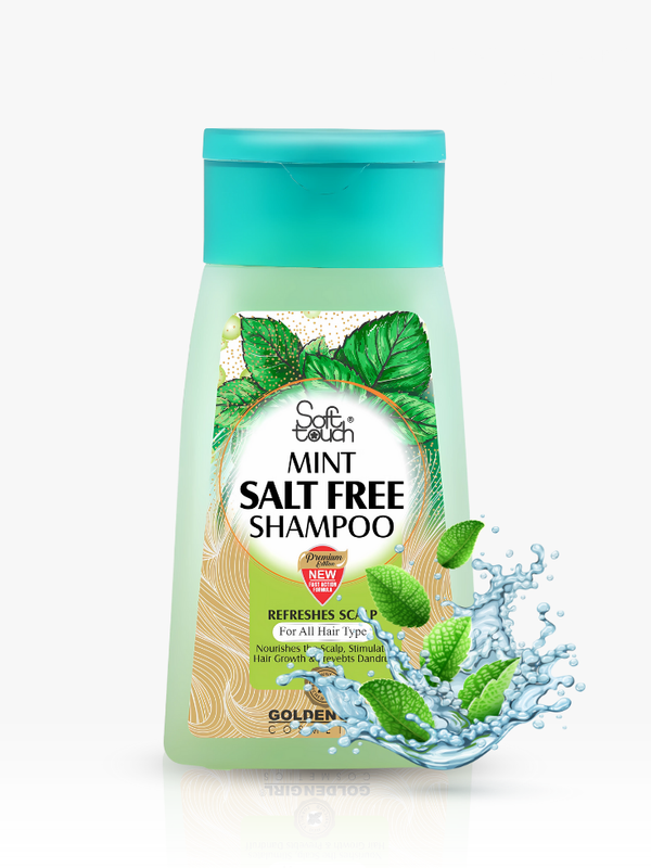 Mint salt-free shampoo bottle with green leaves and water splash on a white background