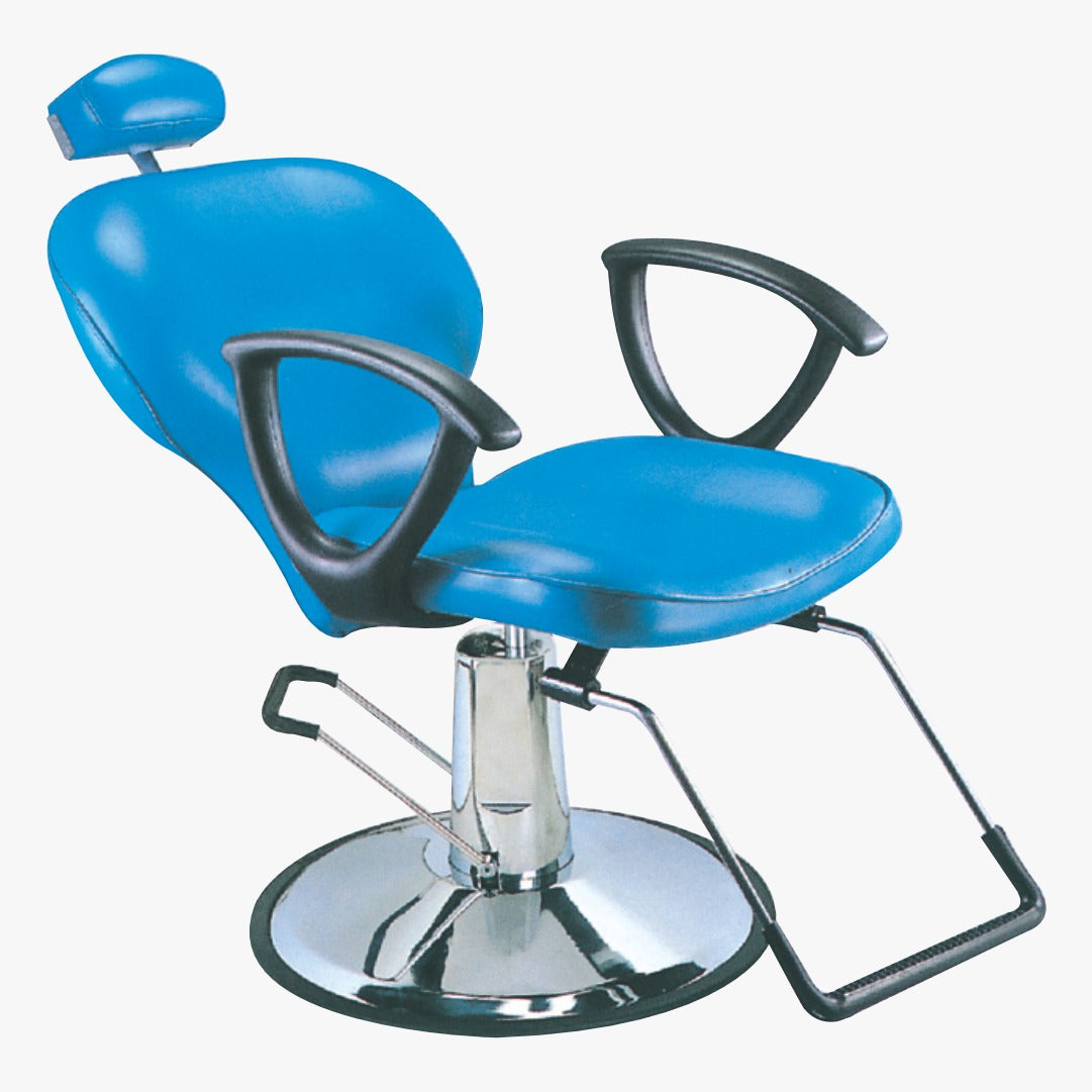 A blue salon chair with a black armrest and a metal base, designed for makeup application.