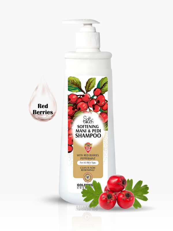 Shampoo bottle with red berries and green leaves on a white background
