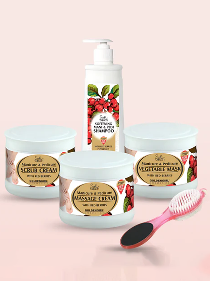 Set of skincare products with red berry design on a pink background