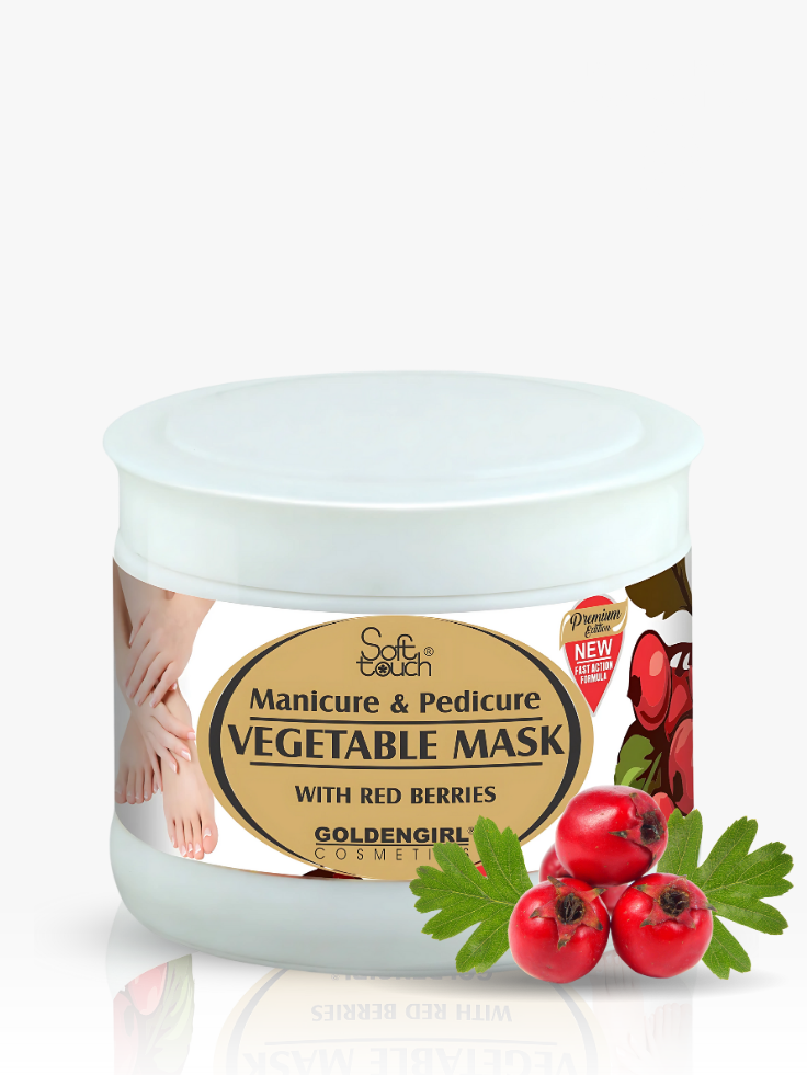 Manicure and pedicure vegetable mask with red berries on a white background