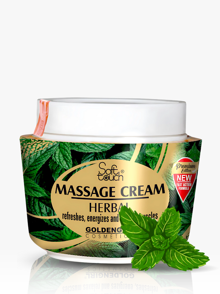Container of Soft Touch Herbal Massage Cream with green leaves on a white background