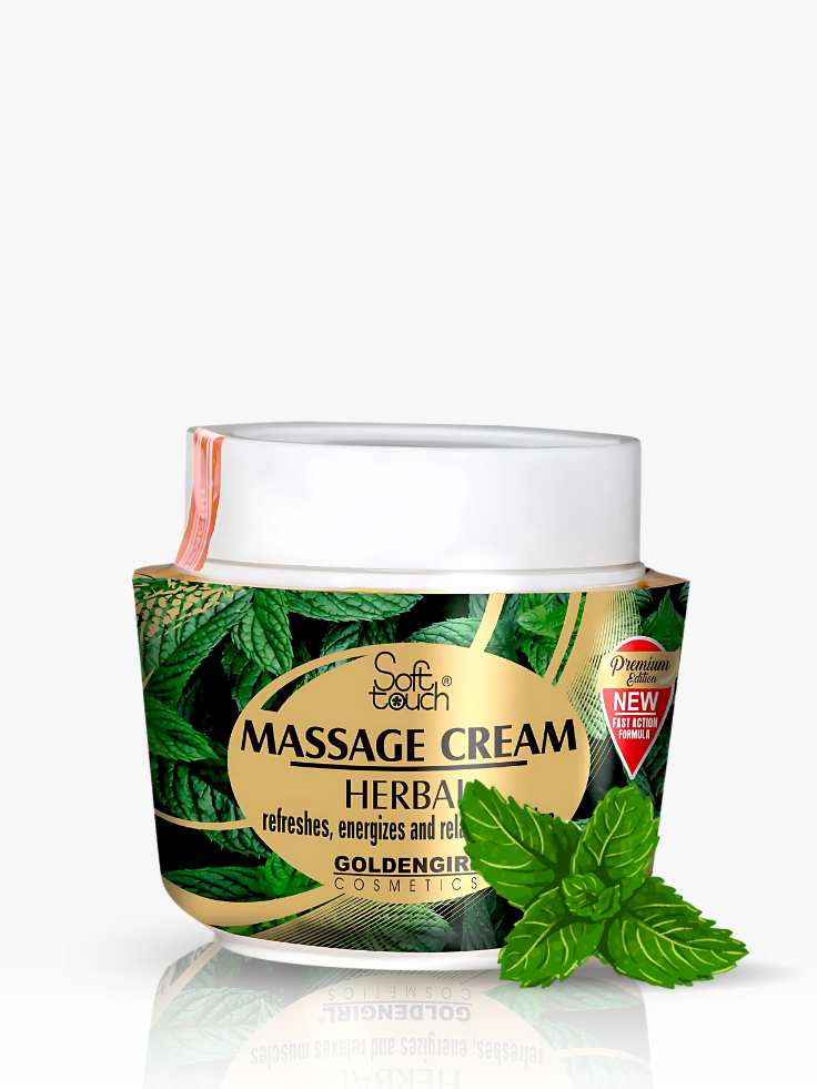 Jar of Soft Touch Herbal Massage Cream with mint leaves on a white background