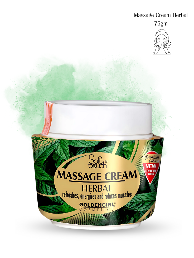 Jar of Soft Touch Herbal Massage Cream with green leaf design on a white background
