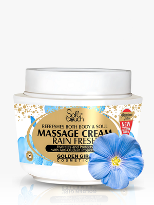 Jar of massage cream with a blue flower on a white background