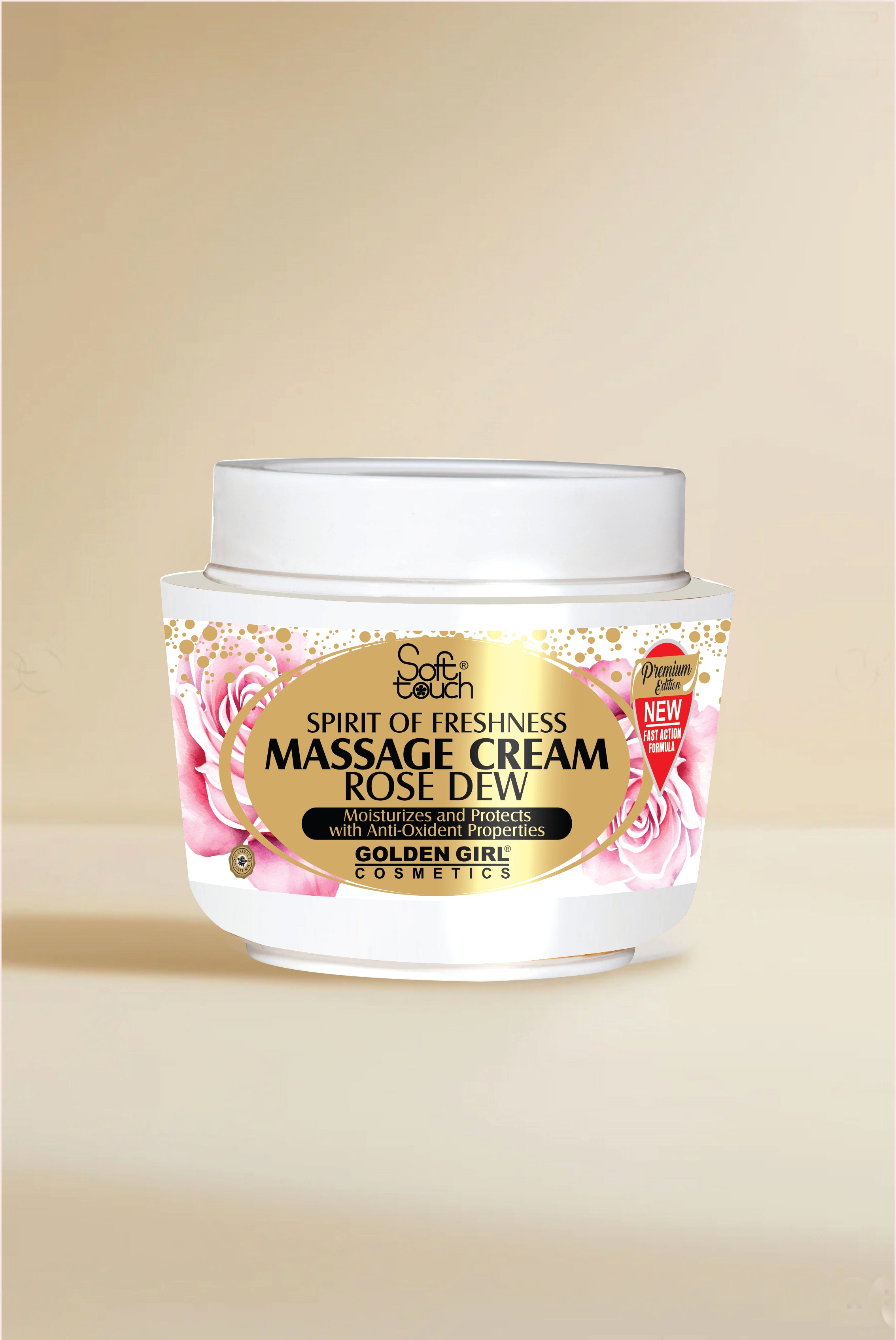 Jar of massage cream with a gold label on a beige background