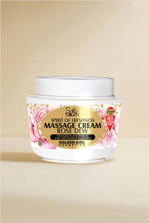 Jar of massage cream with a gold label on a beige background