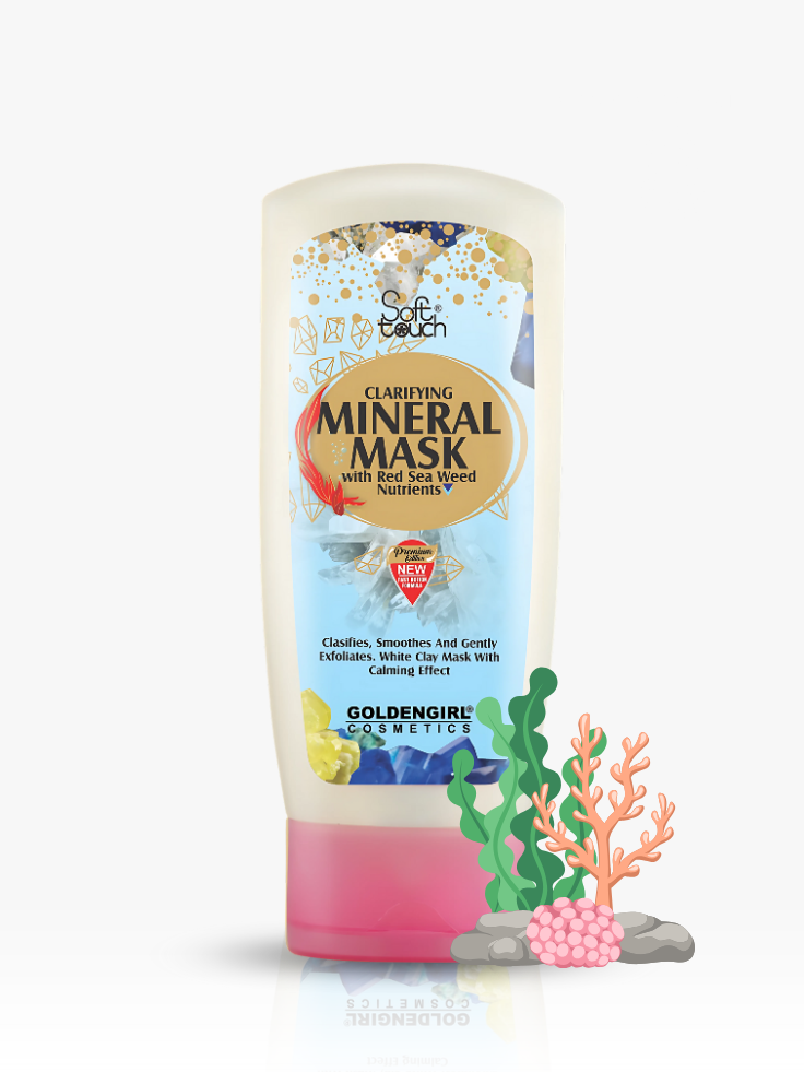 Clarifying Mineral Mask bottle with colorful label on a white background