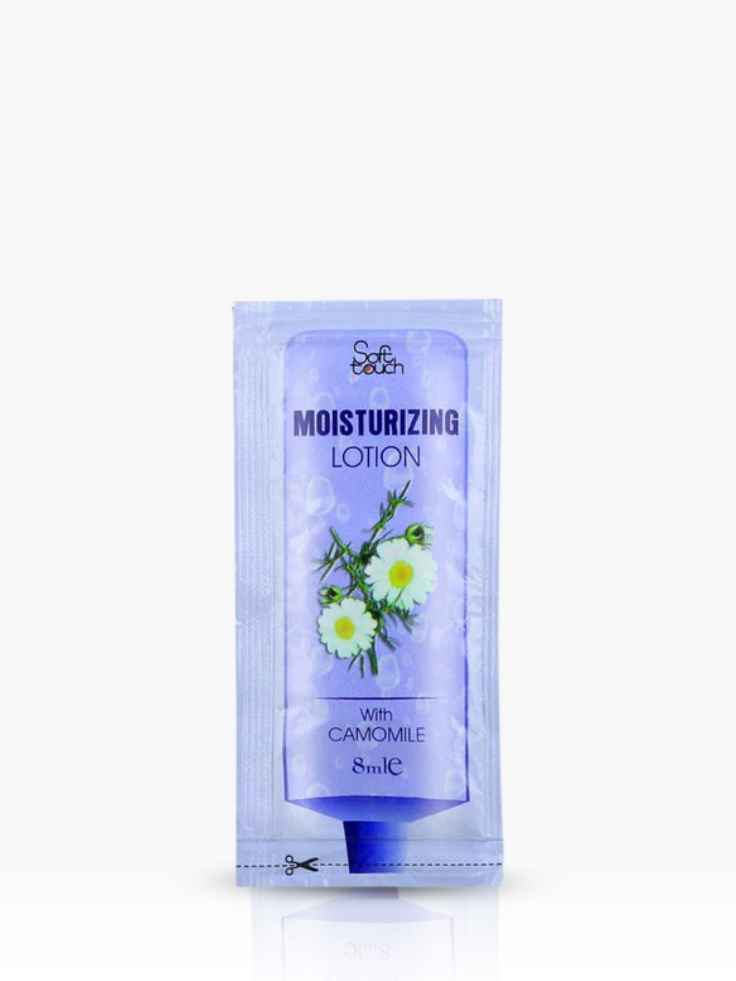 Moisturizing lotion packet with camomile design on a white background