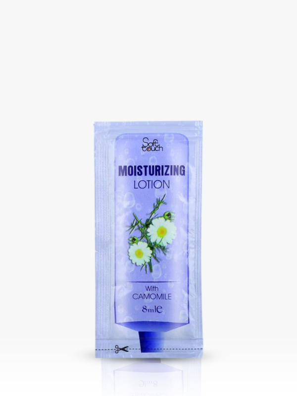 Moisturizing lotion packet with camomile design on a white background