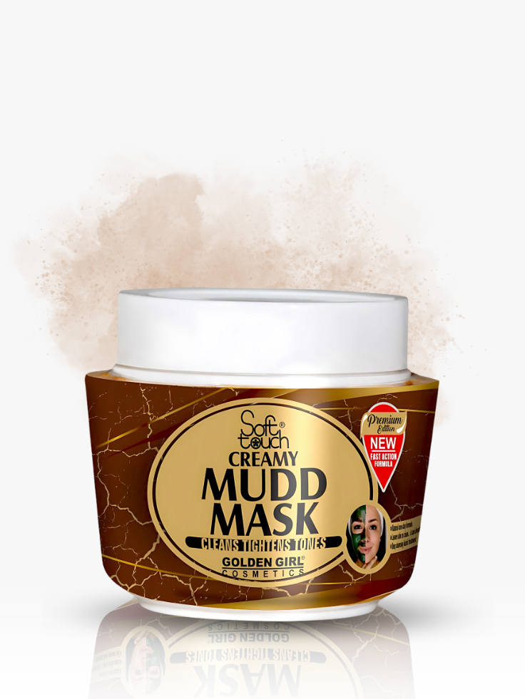 Jar of Soft Touch Creamy Mudd Mask with gold label on a white background