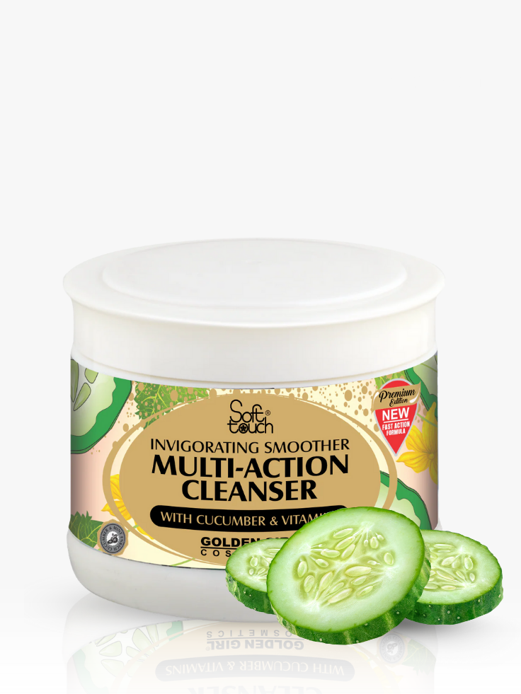Jar of multi-action cleanser with cucumber slices on a white background