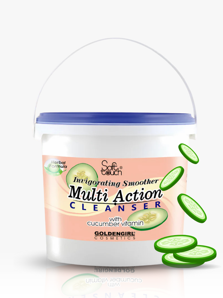 Multi Action Cleanser container with cucumber slices on a white background