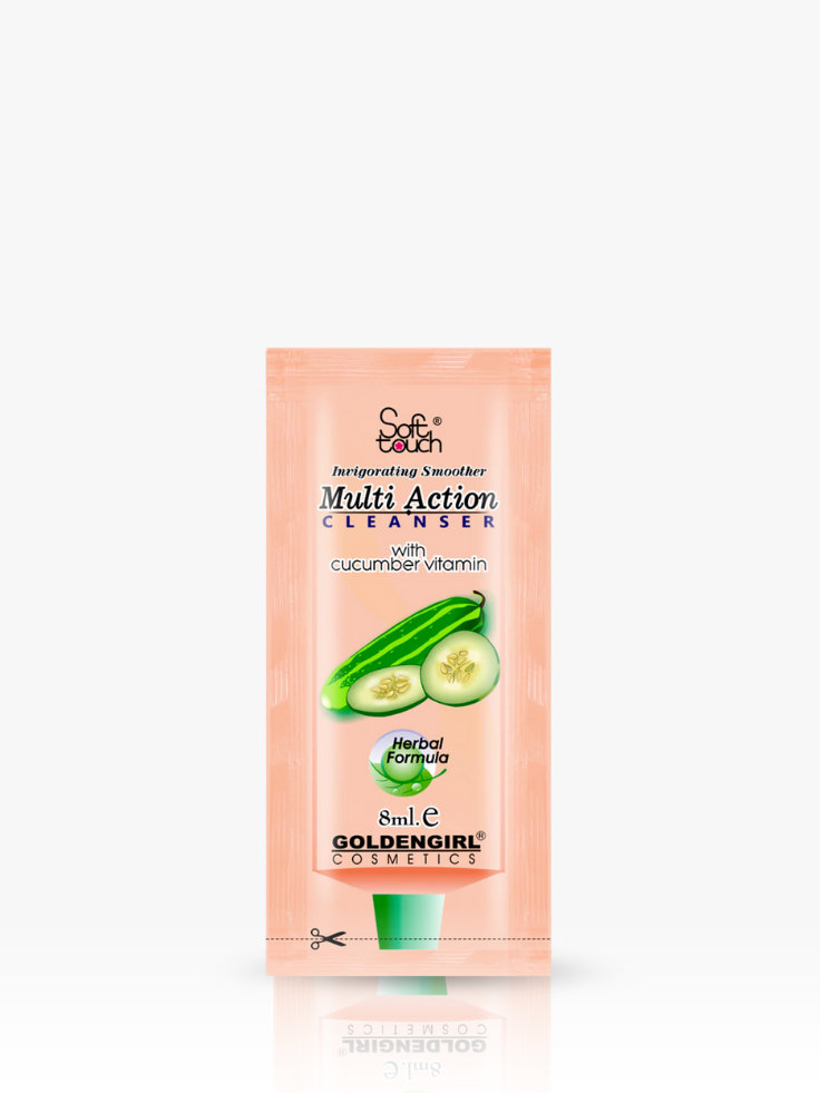 Goldengirl Cosmetics Multi Action Cleanser packaging with cucumber illustration on a white background