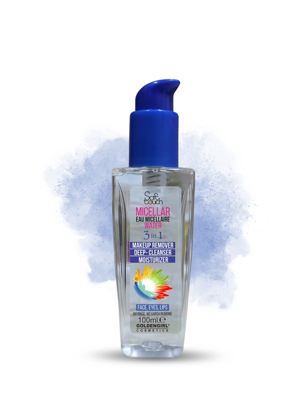 Bottle of Goldengirl Micellar Water with blue pump on a white background