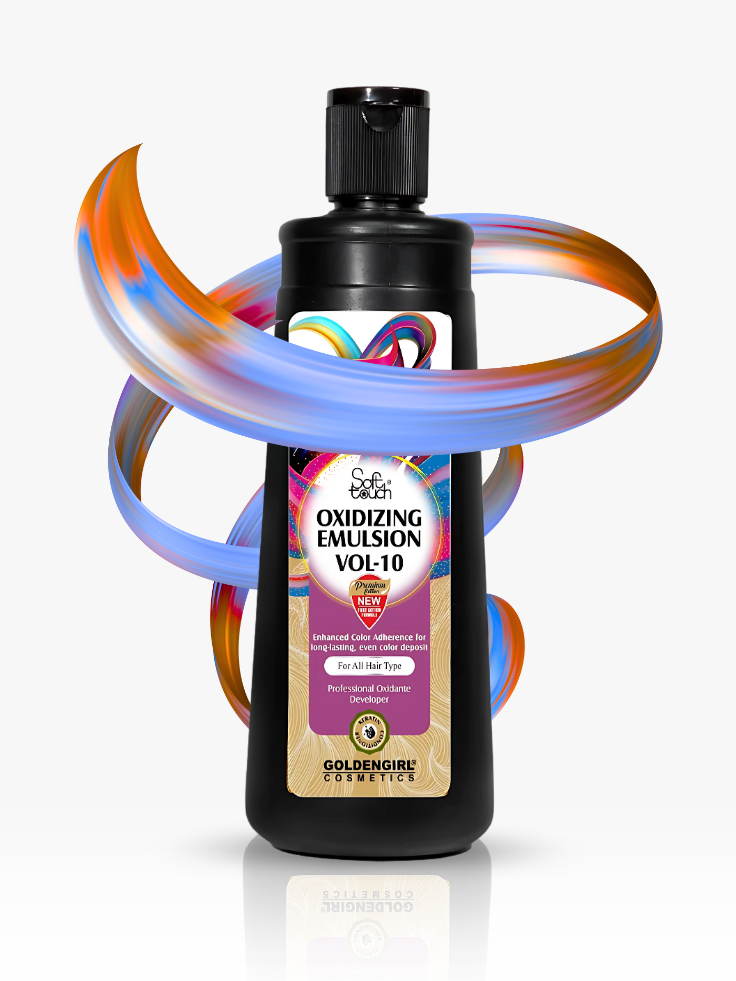 Bottle of oxidizing emulsion with colorful hoop on a white background