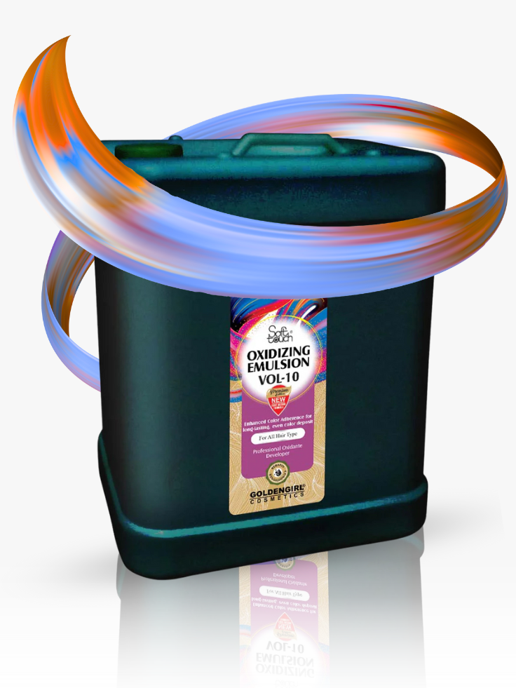 Container of oxidizing emulsion with colorful light effects on a white background