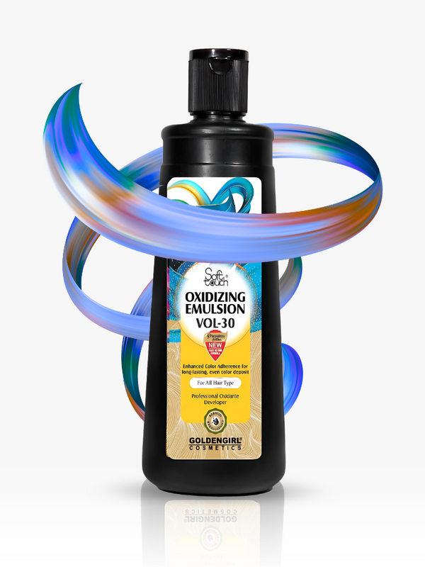 Bottle of oxidizing emulsion with colorful hoop on a white background