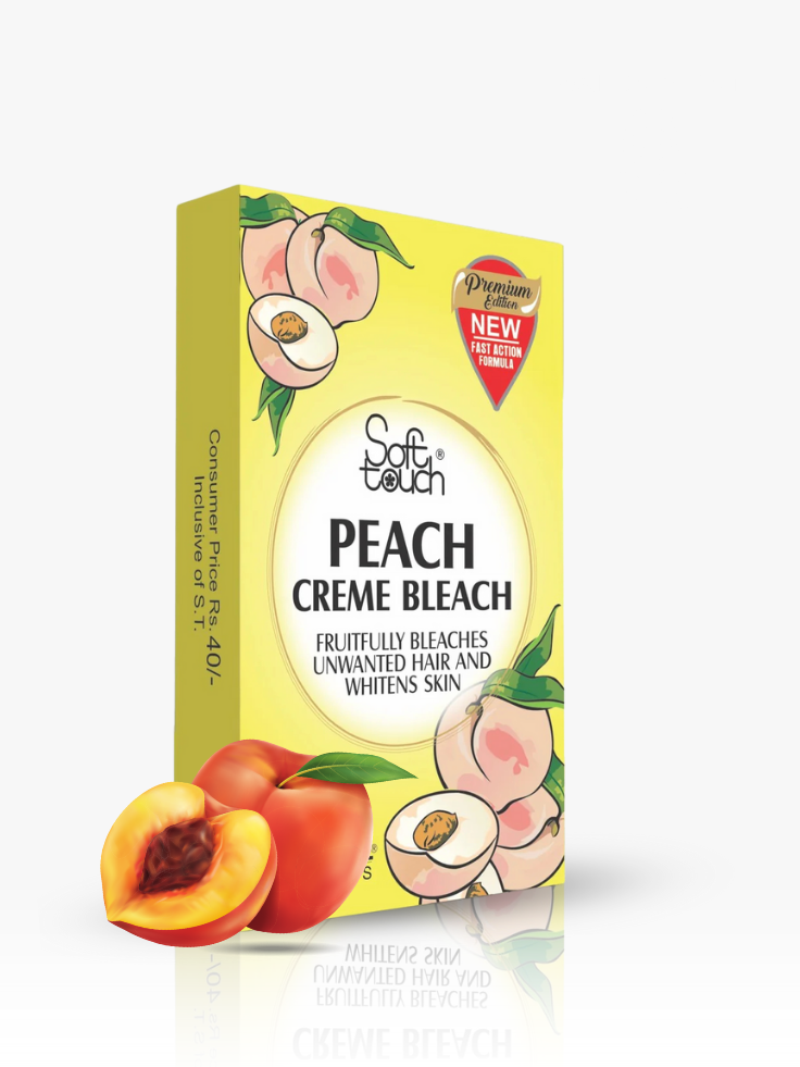 Box of Soft Touch Peach Creme Bleach with peaches on a white background