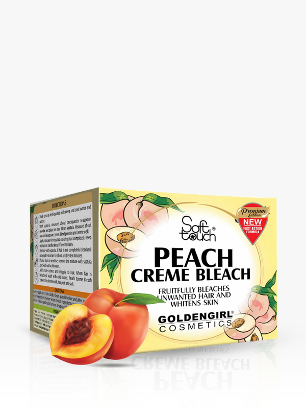 Peach creme bleach packaging with peaches and brand logos on a white background