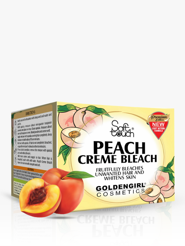 Peach creme bleach packaging with peaches and brand name on a white background