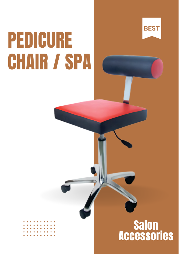 Red and black pedicure chair on a brown background with text 'Pedicure Chair / Spa' and 'Salon Accessories'.