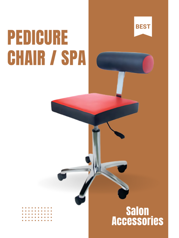 Red and black pedicure chair on a brown background with text 'Pedicure Chair / Spa' and 'Salon Accessories'.