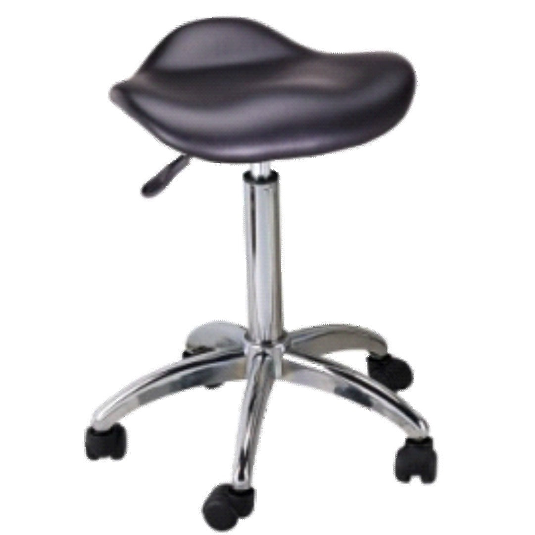 A black pedicure chair with a metallic chrome base and adjustable height mechanism.