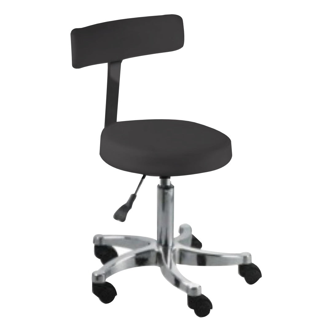 A black pedicure chair with a metal frame and plastic seat, equipped with wheels.