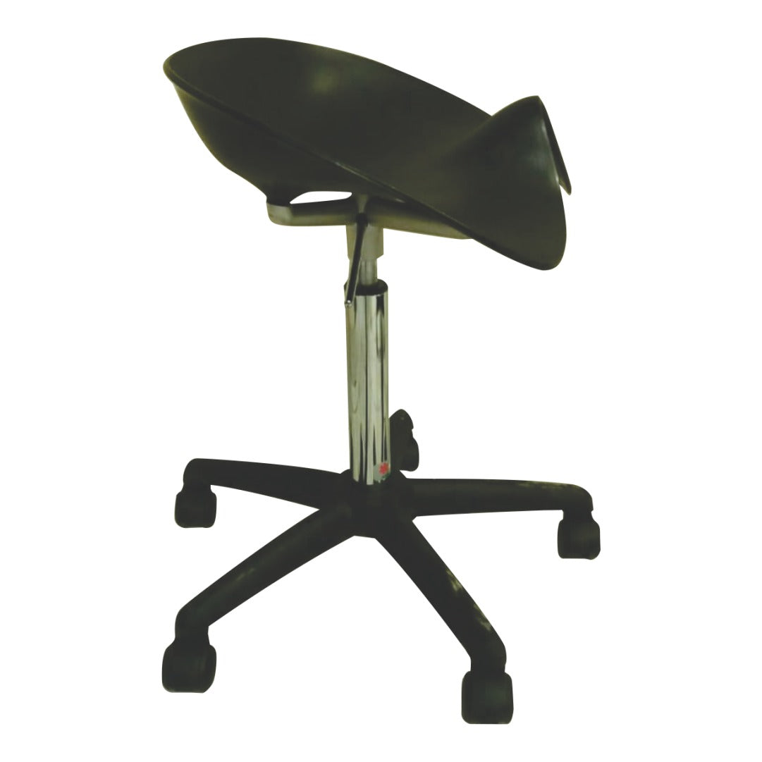 A black pedicure chair with a chrome base and adjustable height settings.