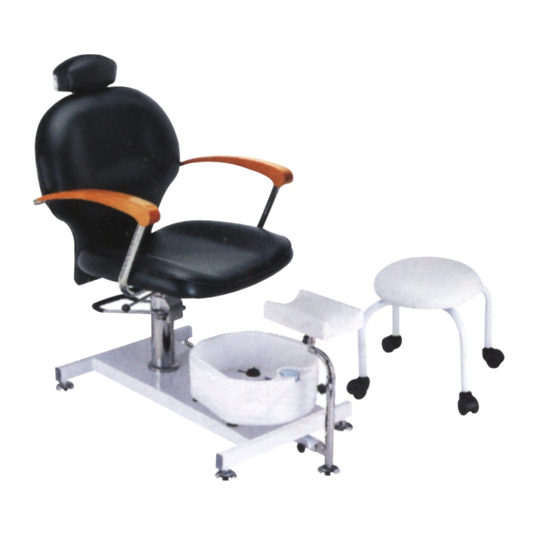 A black and brown pedicure salon spa chair with a footrest and an adjustable seat, displayed on a metal frame with a white basin for foot washing.