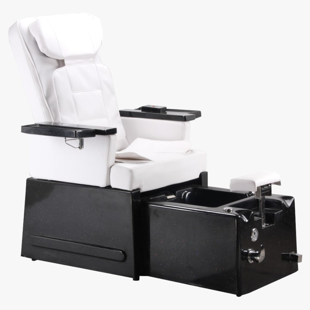 A black pedicure station with a white seat and backrest, equipped with a footrest and a control panel.