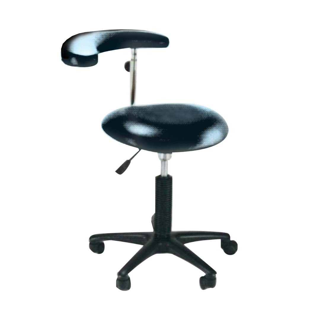 A black pedicure stool with an adjustable height mechanism and a five-point base, designed for use in salons.