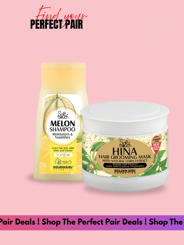 Melon shampoo and hair grooming mask with packaging on a pink background