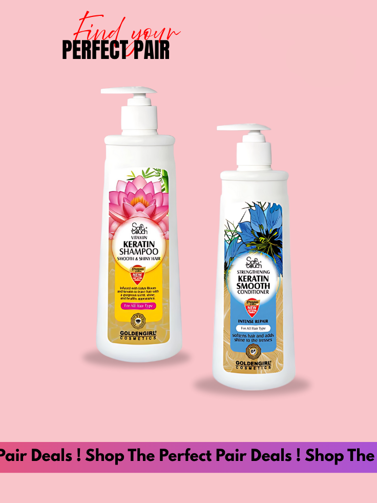 Two bottles of shampoo and conditioner on a pink background with promotional text.