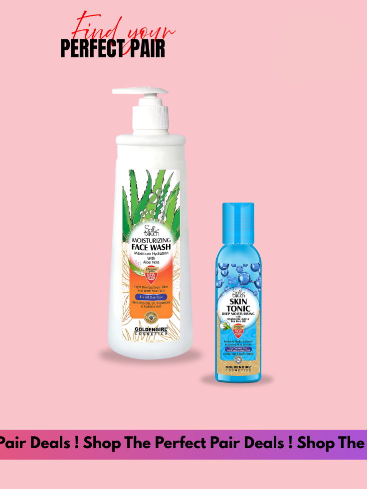 Two skincare products on a pink background with promotional text.