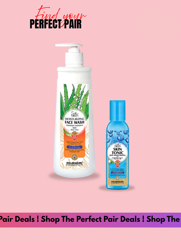 Two skincare products on a pink background with promotional text.