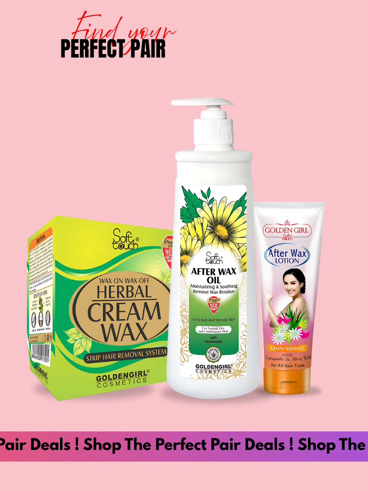 Set of Golden Girl cosmetic products including cream wax, after wax oil, and lotion on a pink background.