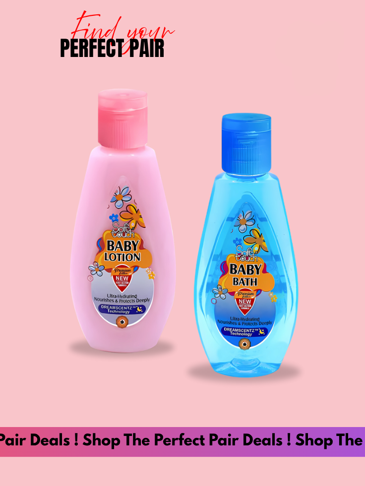 Two baby care products, a pink lotion bottle and a blue bath bottle, on a pink background with promotional text.