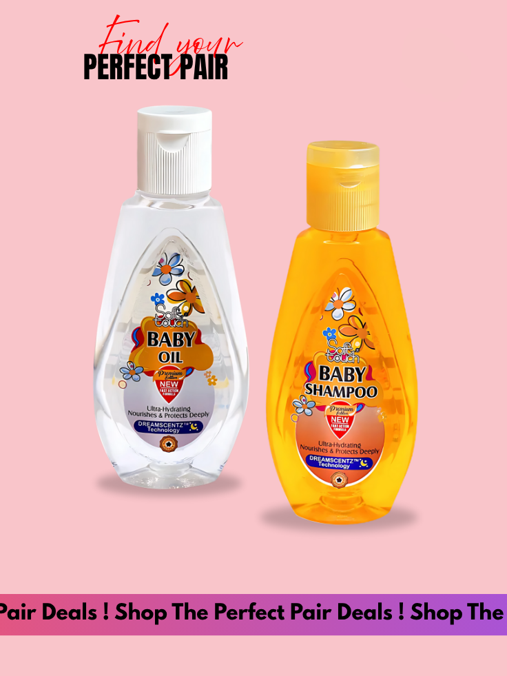 Baby oil and shampoo bottles on a pink background with promotional text.