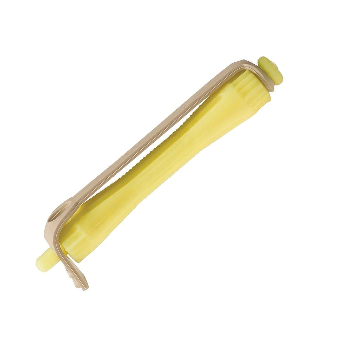 A single yellow perm hair rolling pin with a beige end cap, against a white background.