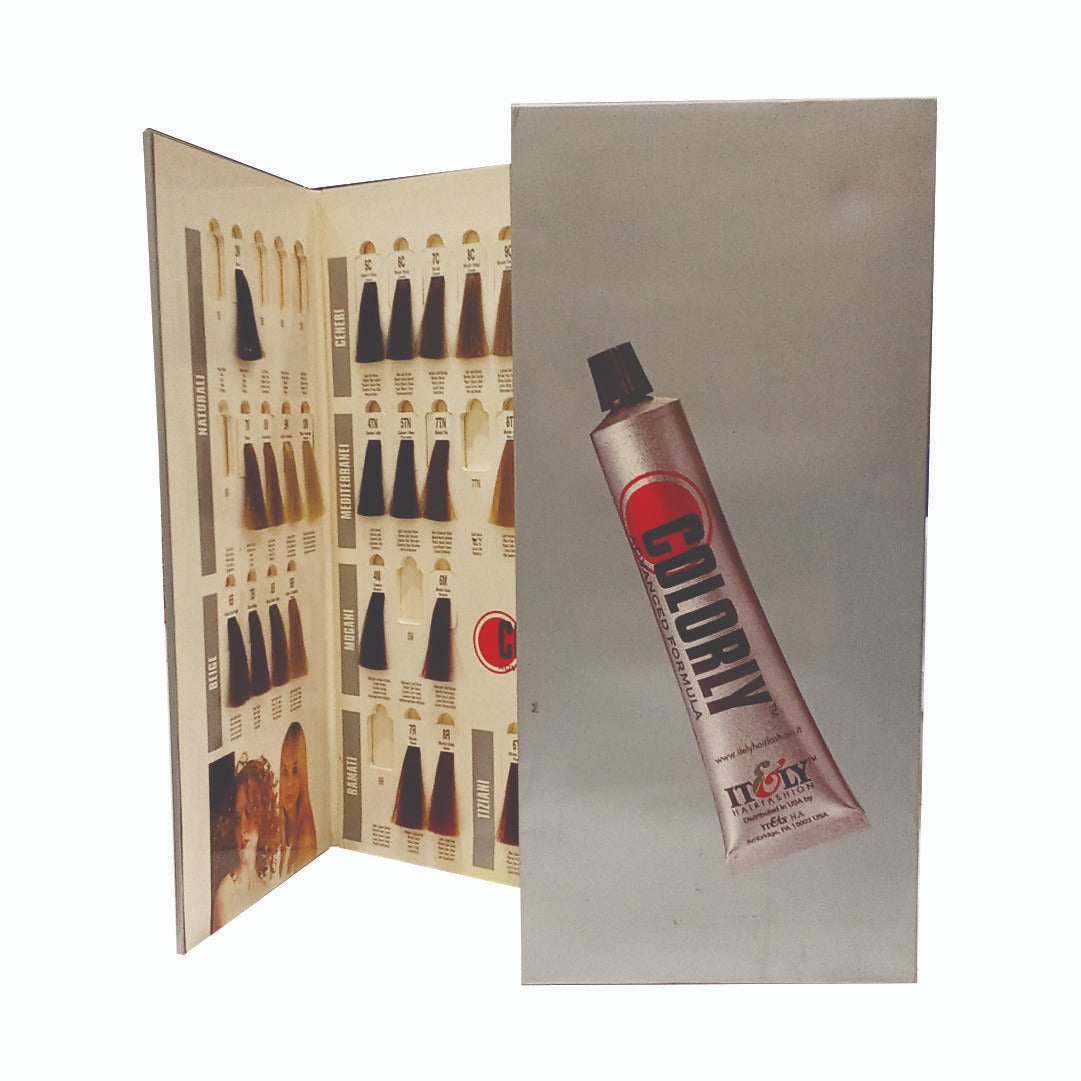 “Professional hair color reference book featuring swatches and product numbers for salon use.”